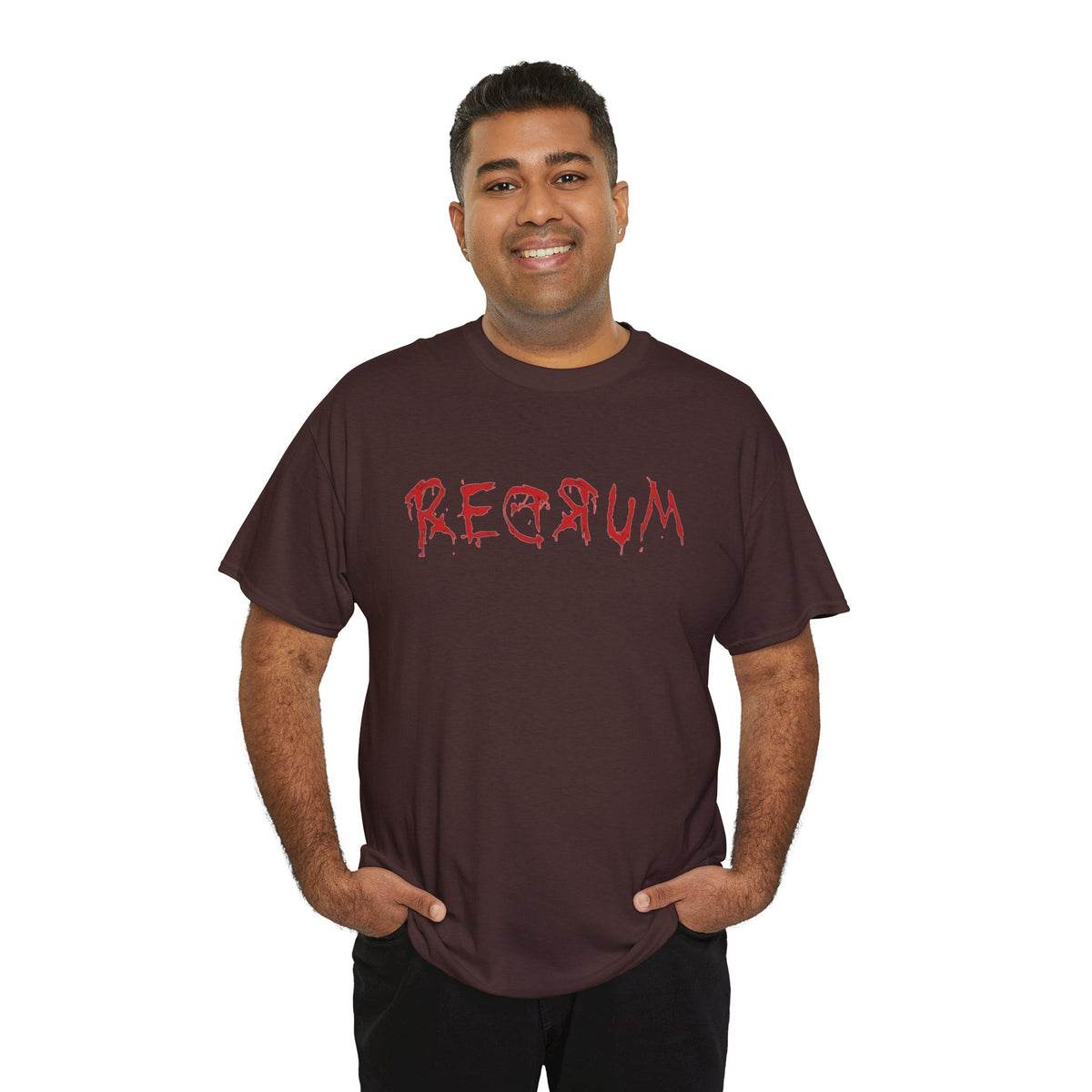 REDRUM spooky horror movie graphic t-shirt by Hexa Noir
