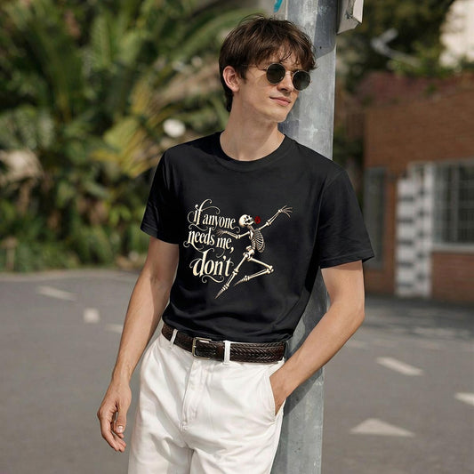 Outdoor view of a model wearing the black dancing-skeleton and red-rose graphic tee.