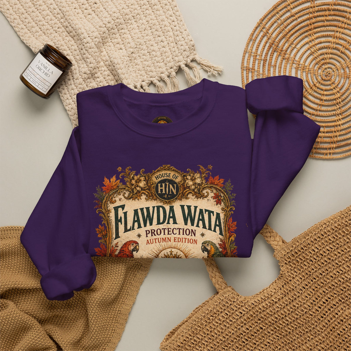 Flawda Wata Fall Herbal Magic graphic crewneck sweatshirt by Hexa Noir