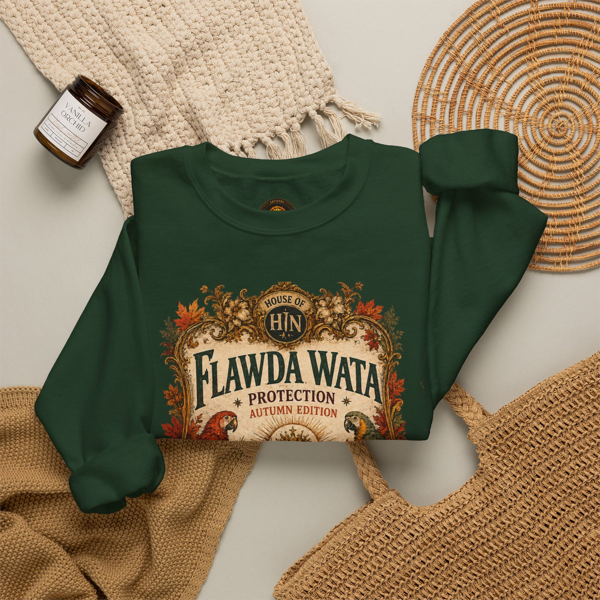 Flawda Wata Fall Herbal Magic graphic crewneck sweatshirt by Hexa Noir