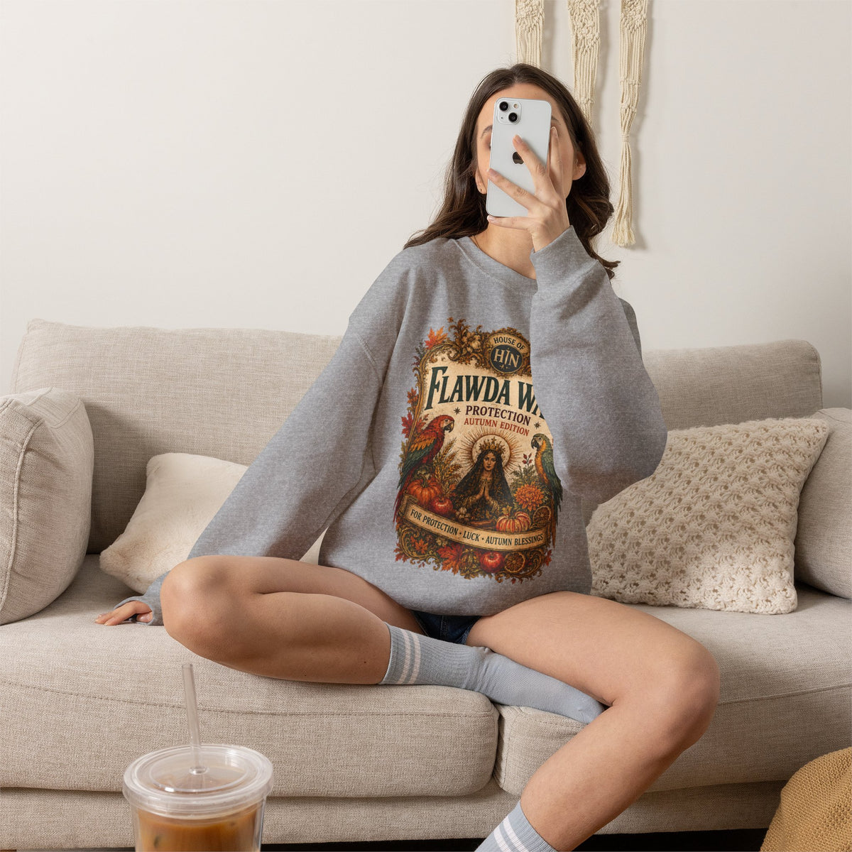 Flawda Wata Fall Herbal Magic graphic crewneck sweatshirt by Hexa Noir