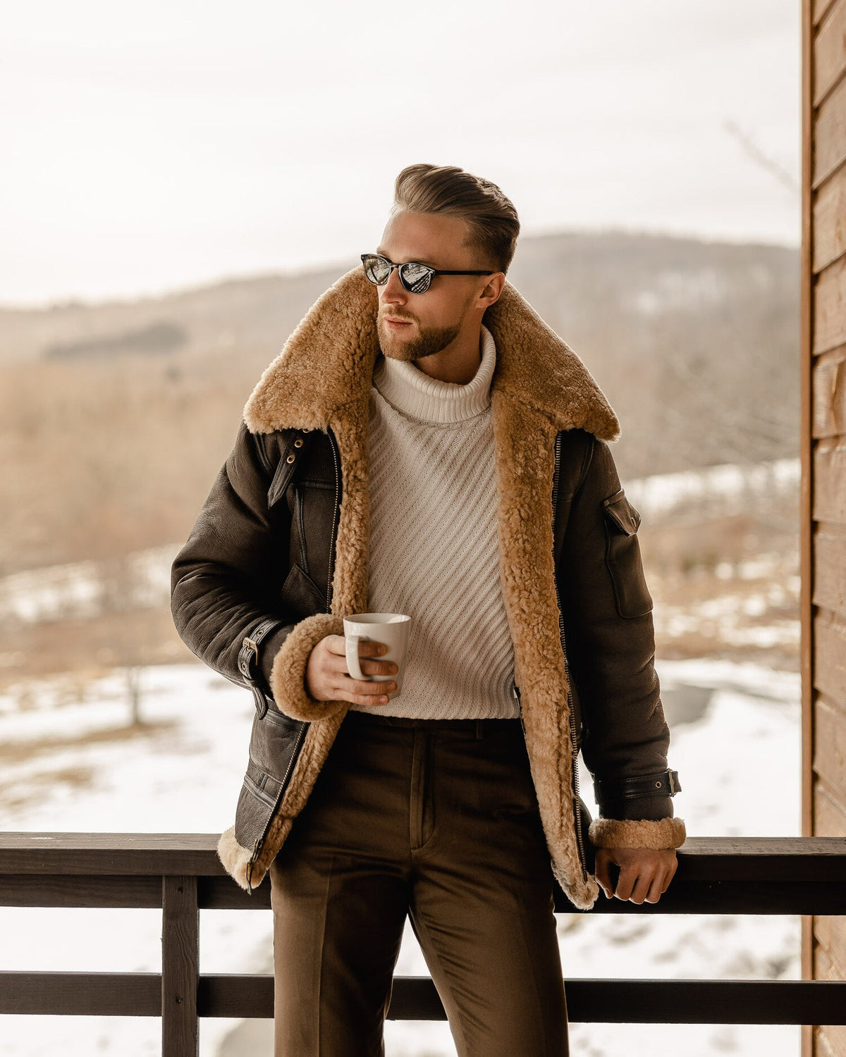 Men's Brown Long B3 Aviator Coat with Faux Shearling