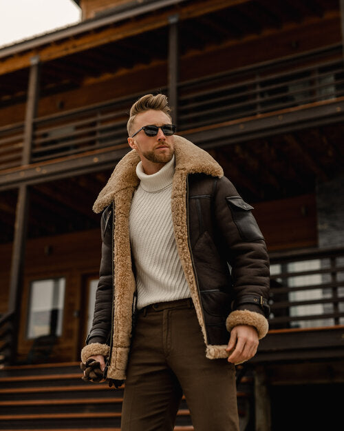 Men's Brown Long B3 Aviator Coat with Faux Shearling