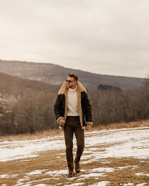 Men's Brown Long B3 Aviator Coat with Faux Shearling