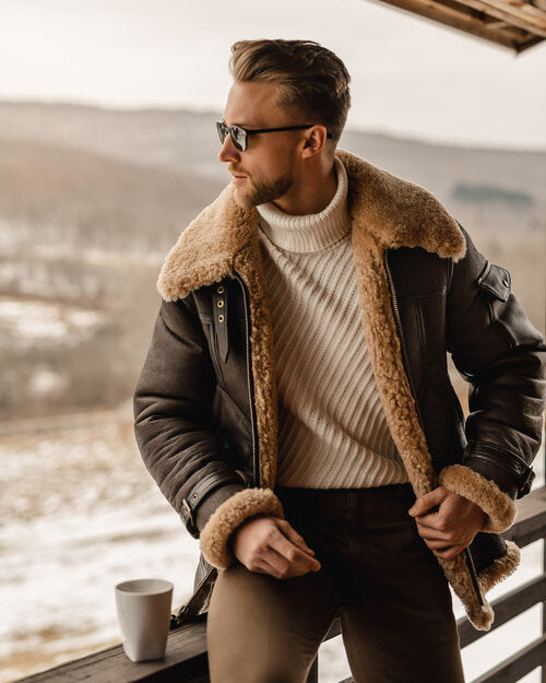 Men's Brown Long B3 Aviator Coat with Faux Shearling