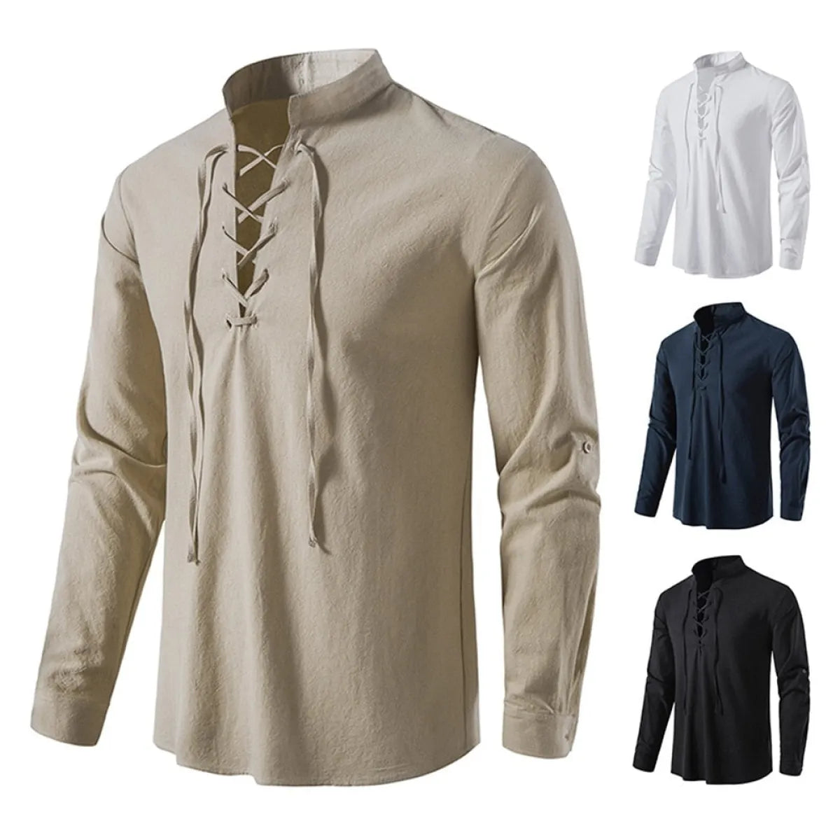 Men's Lace-Up Cotton Linen Long Sleeve Shirt