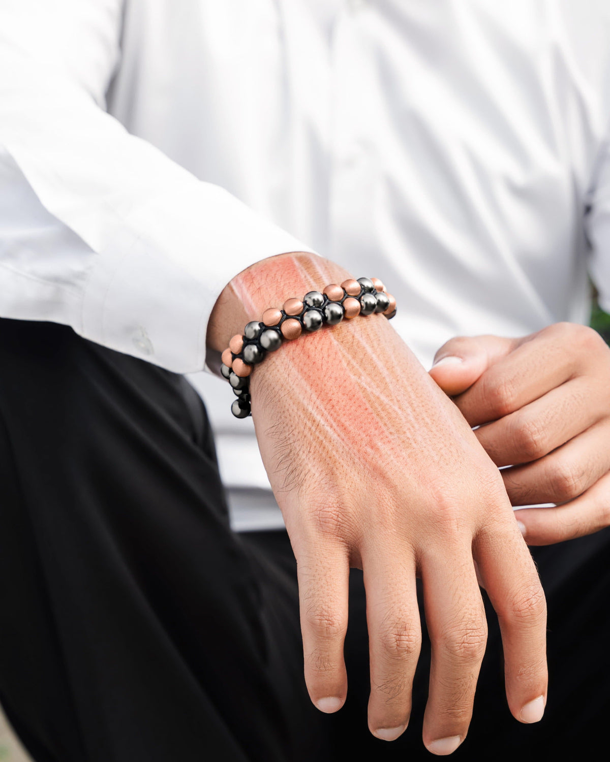 Double-row magnetic hematite copper therapy bracelet by Hexa Noir