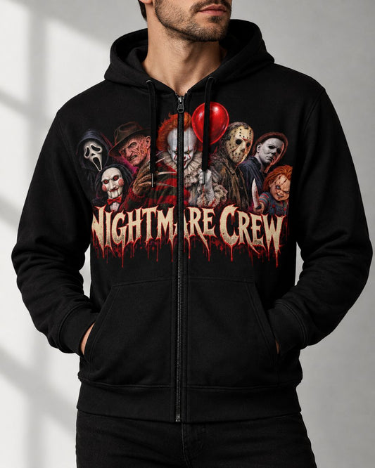 Nightmare Crew graphic zip-up hoodie styled with black jeans