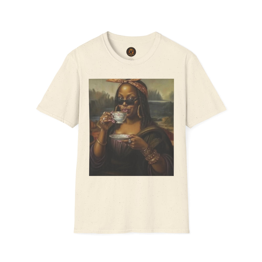 Mona Lisa Sipping Tea Unisex Graphic Tee — Vintage Renaissance Art