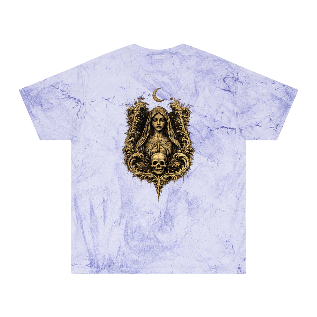 HΞXA NOIR NOCTURNAL —Hallowed Saints Graphic T-Shirt — Vintage Gold Tie-Dye with Gothic Skull & Maiden