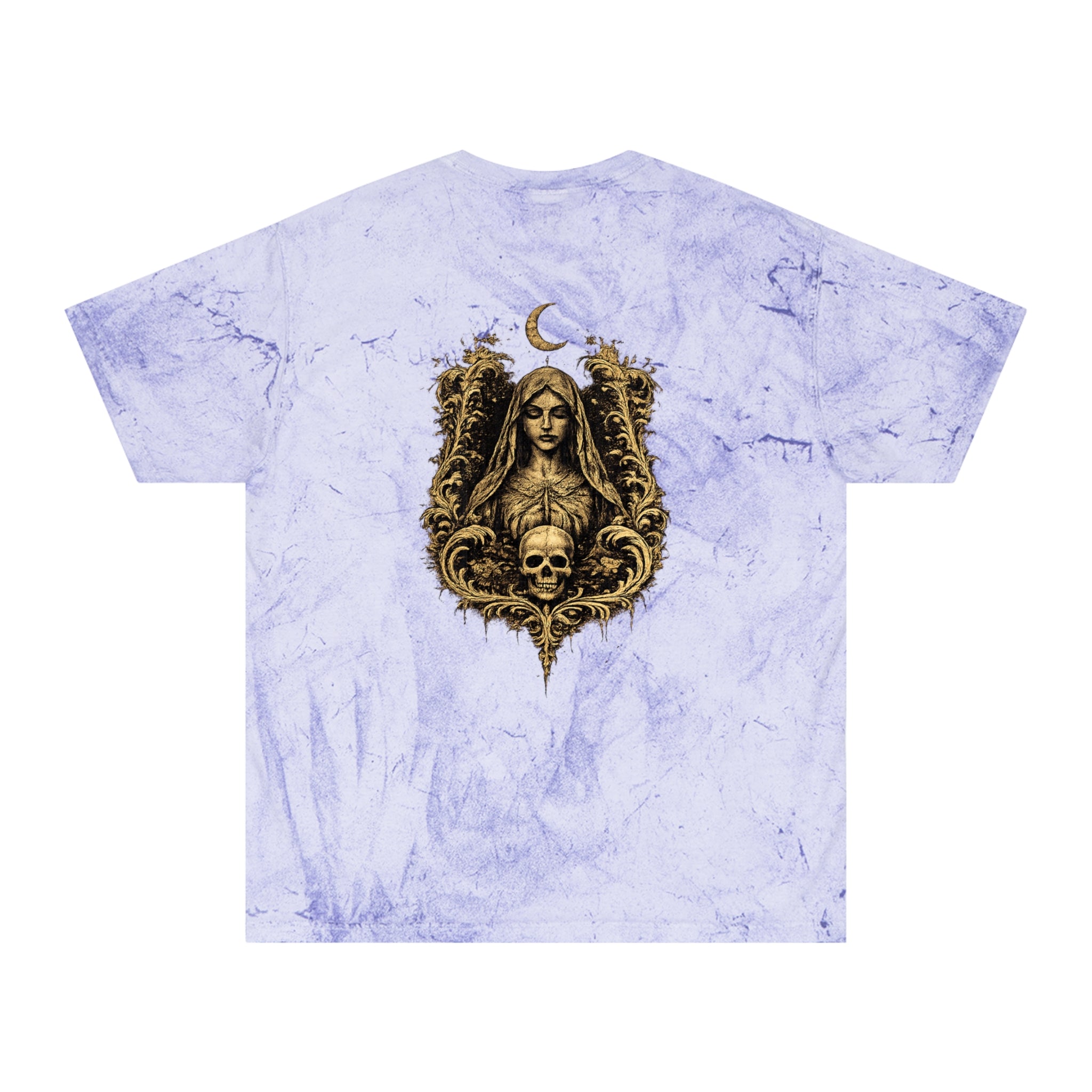 HΞXA NOIR NOCTURNAL —Hallowed Saints Graphic T-Shirt — Vintage Gold Tie-Dye with Gothic Skull & Maiden