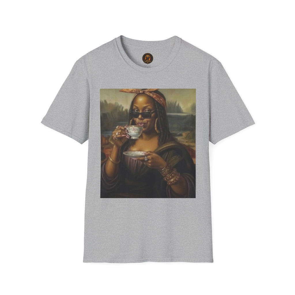 Mona Lisa Sipping Tea Unisex Graphic Tee — Vintage Renaissance Art