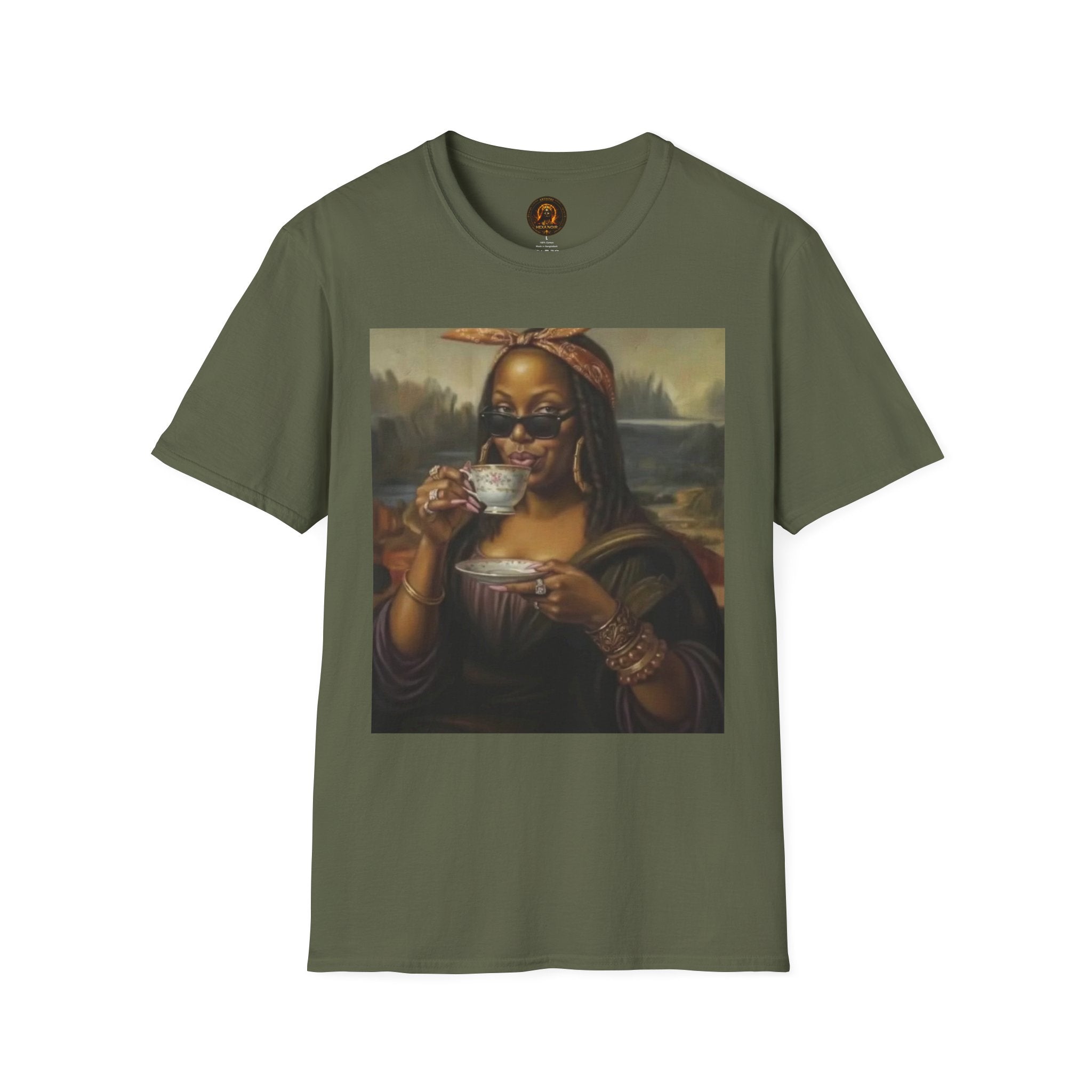 Mona Lisa Sipping Tea Unisex Graphic Tee — Vintage Renaissance Art