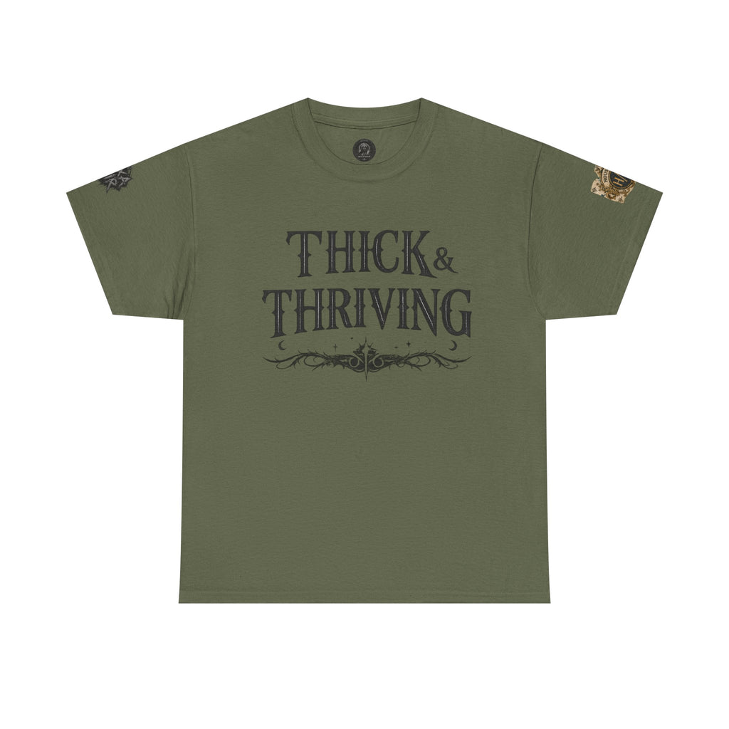 Thick & Thriving Graphic Tee — Bold Gothic Lettering with Distressed X Back