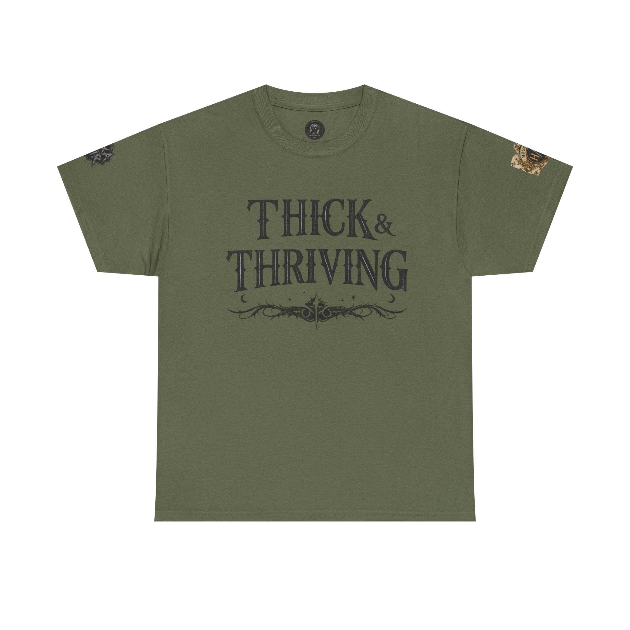 Thick & Thriving Graphic Tee — Bold Gothic Lettering with Distressed X Back
