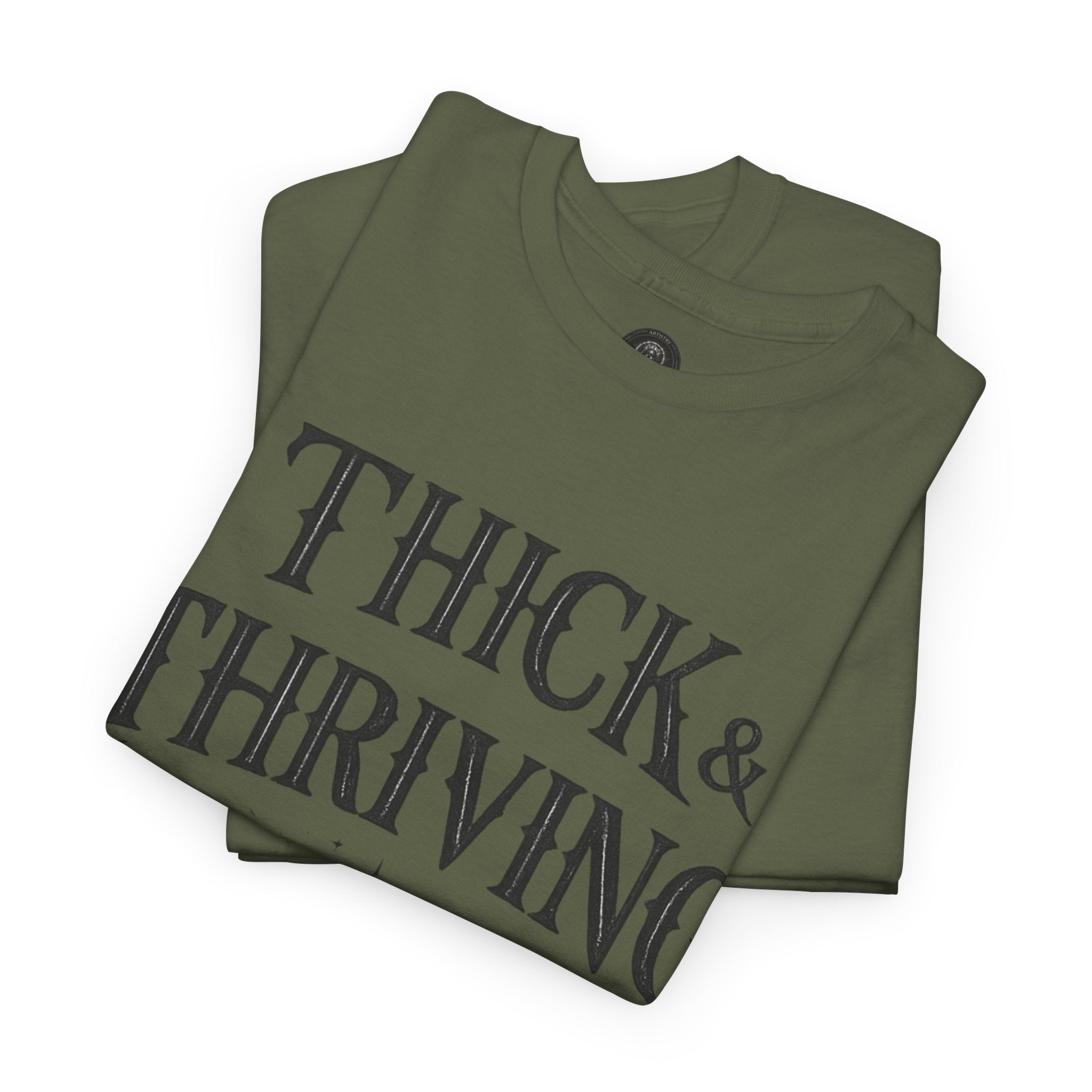 Thick & Thriving Graphic Tee — Bold Gothic Lettering with Distressed X Back
