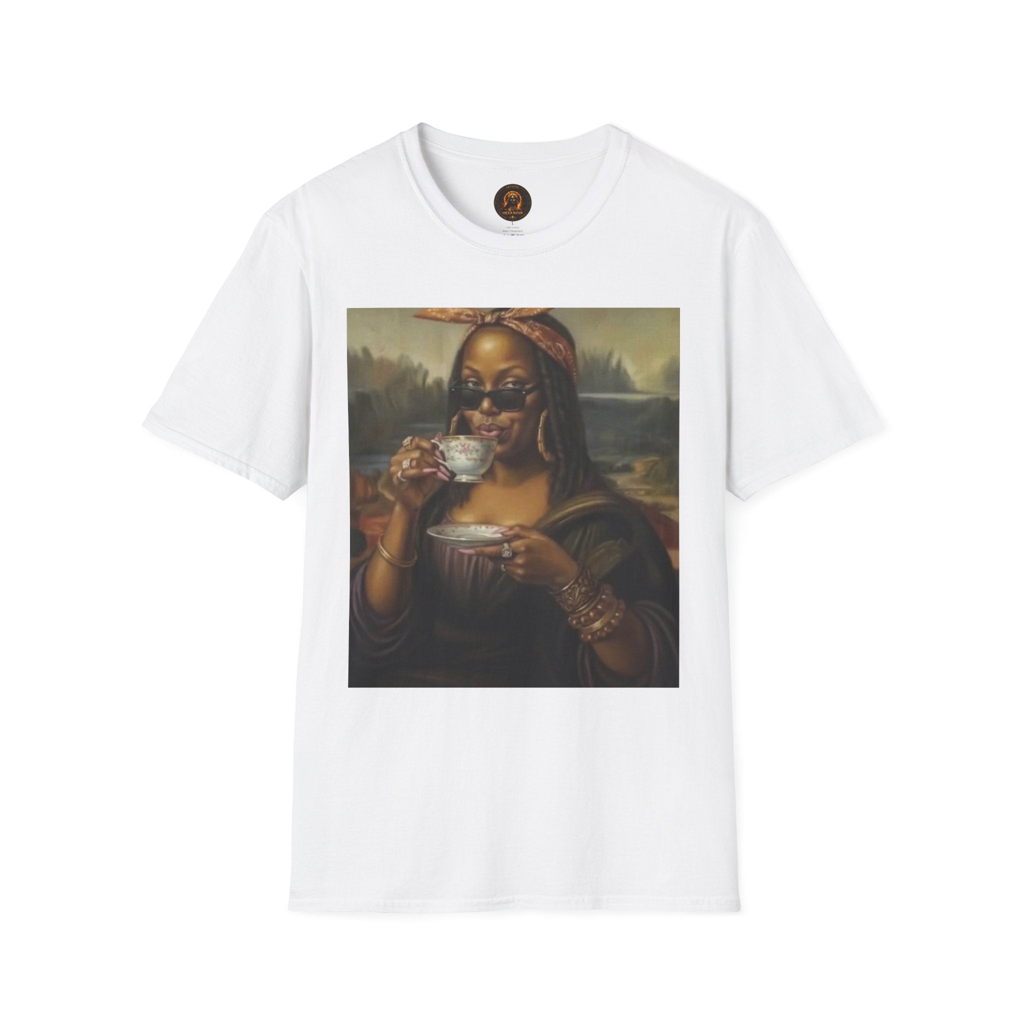 Mona Lisa Sipping Tea Unisex Graphic Tee — Vintage Renaissance Art