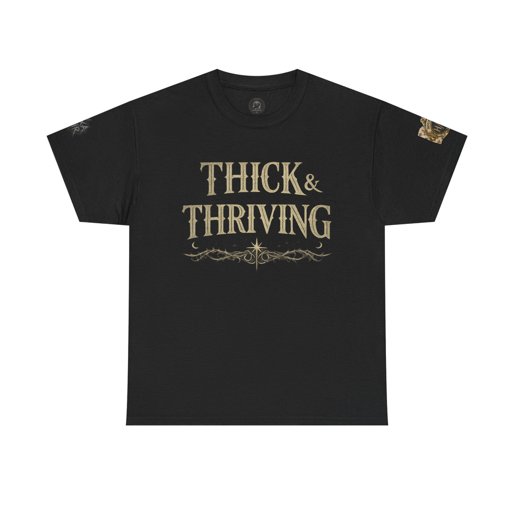 Thick & Thriving Graphic Tee — Bold Gothic Lettering with Distressed X Back