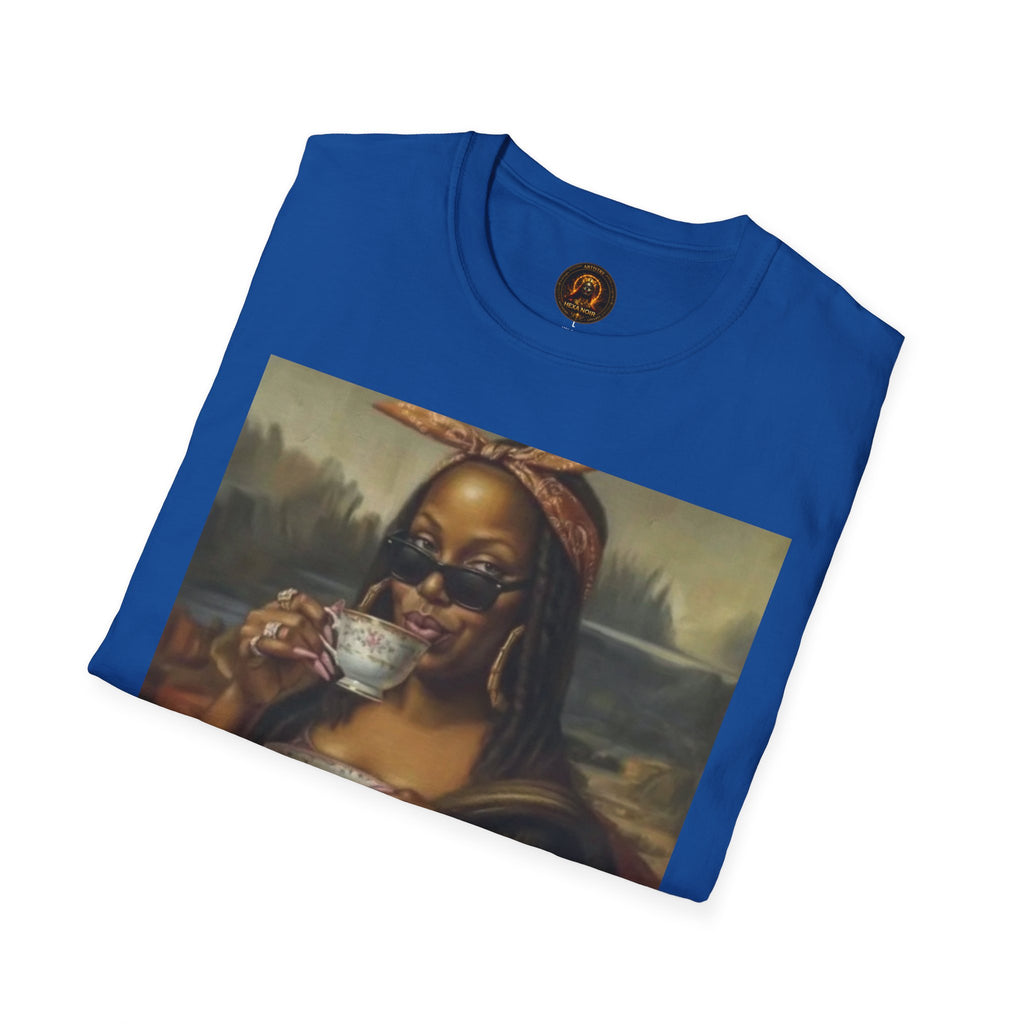 Mona Lisa Sipping Tea Unisex Graphic Tee — Vintage Renaissance Art