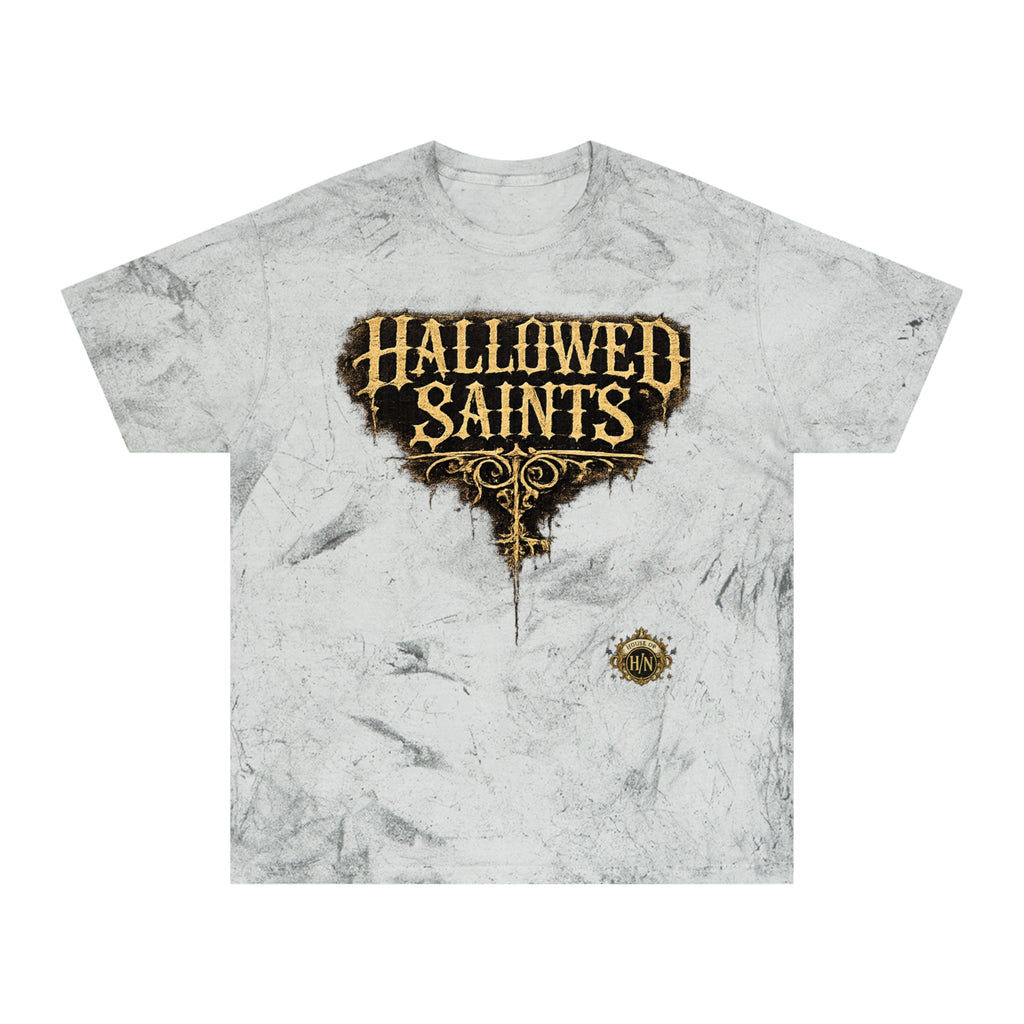 HΞXA NOIR NOCTURNAL —Hallowed Saints Graphic T-Shirt — Vintage Gold Tie-Dye with Gothic Skull & Maiden
