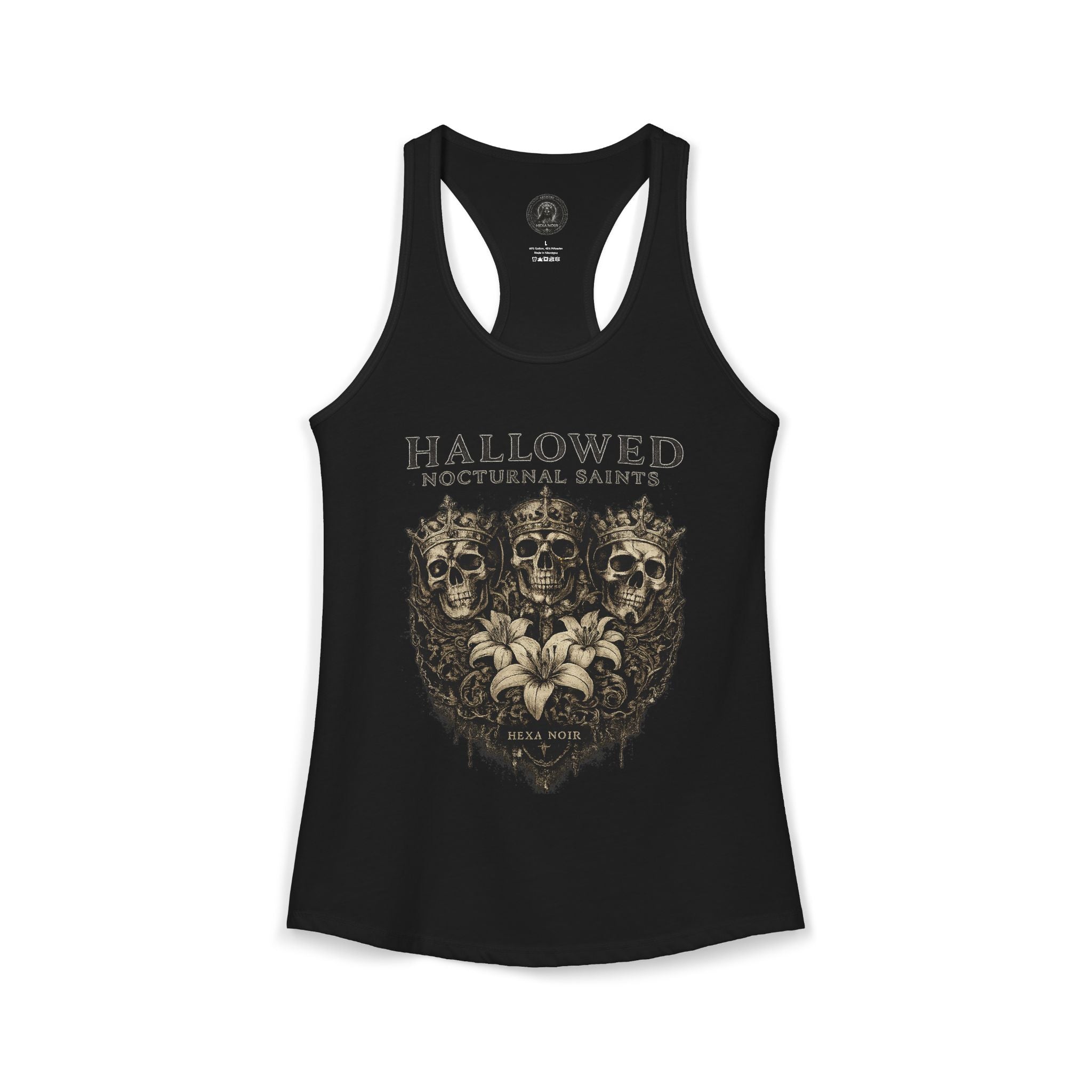 HEXA NOIR NOCTURNAL: Hallowed Nocturnal Saints Tank | Gothic Skull Floral Racerback | Dark Spiritual Streetwear
