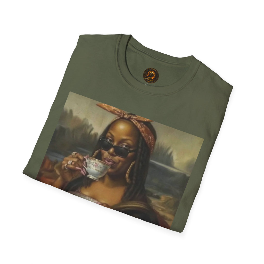 Mona Lisa Sipping Tea Unisex Graphic Tee — Vintage Renaissance Art