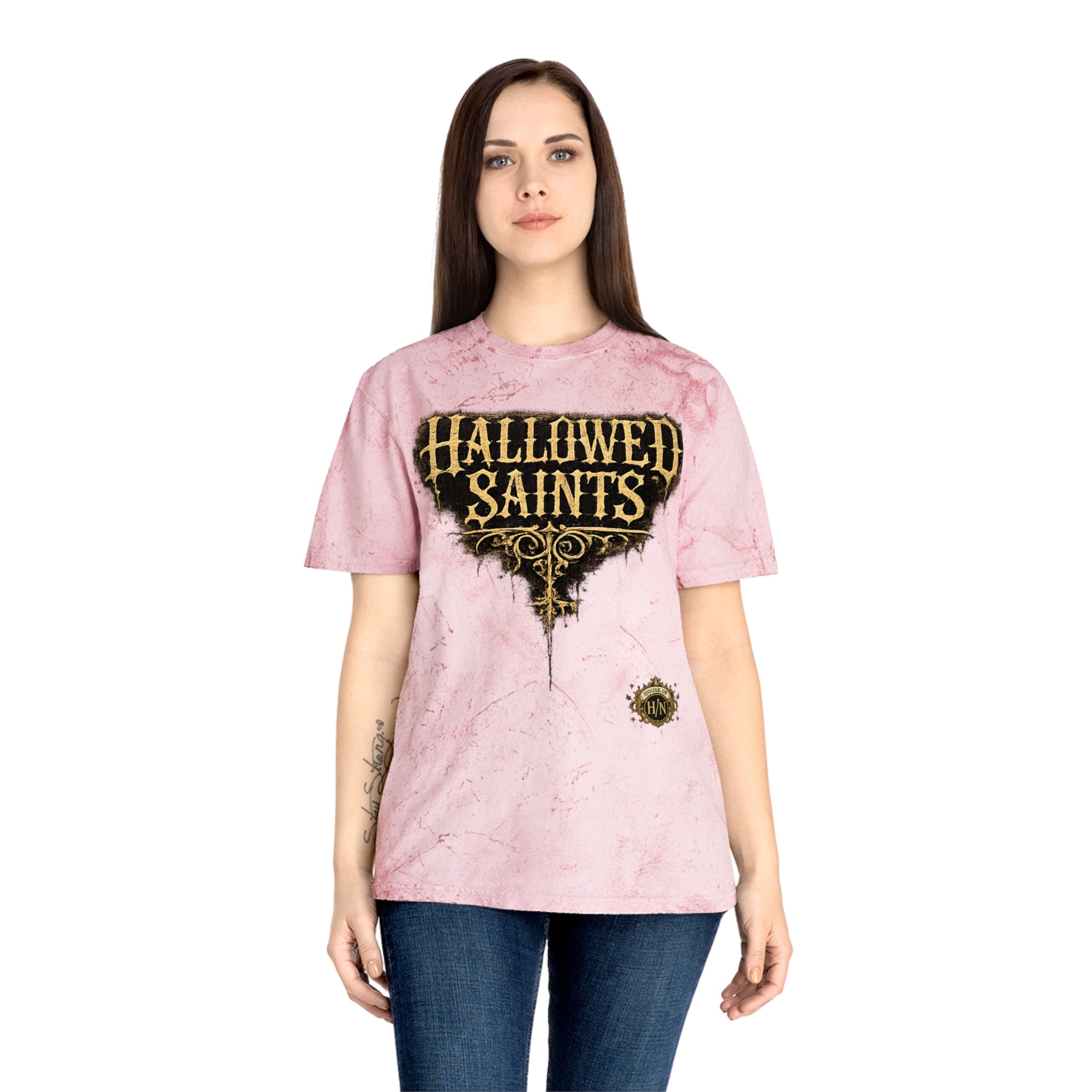 HΞXA NOIR NOCTURNAL —Hallowed Saints Graphic T-Shirt — Vintage Gold Tie-Dye with Gothic Skull & Maiden