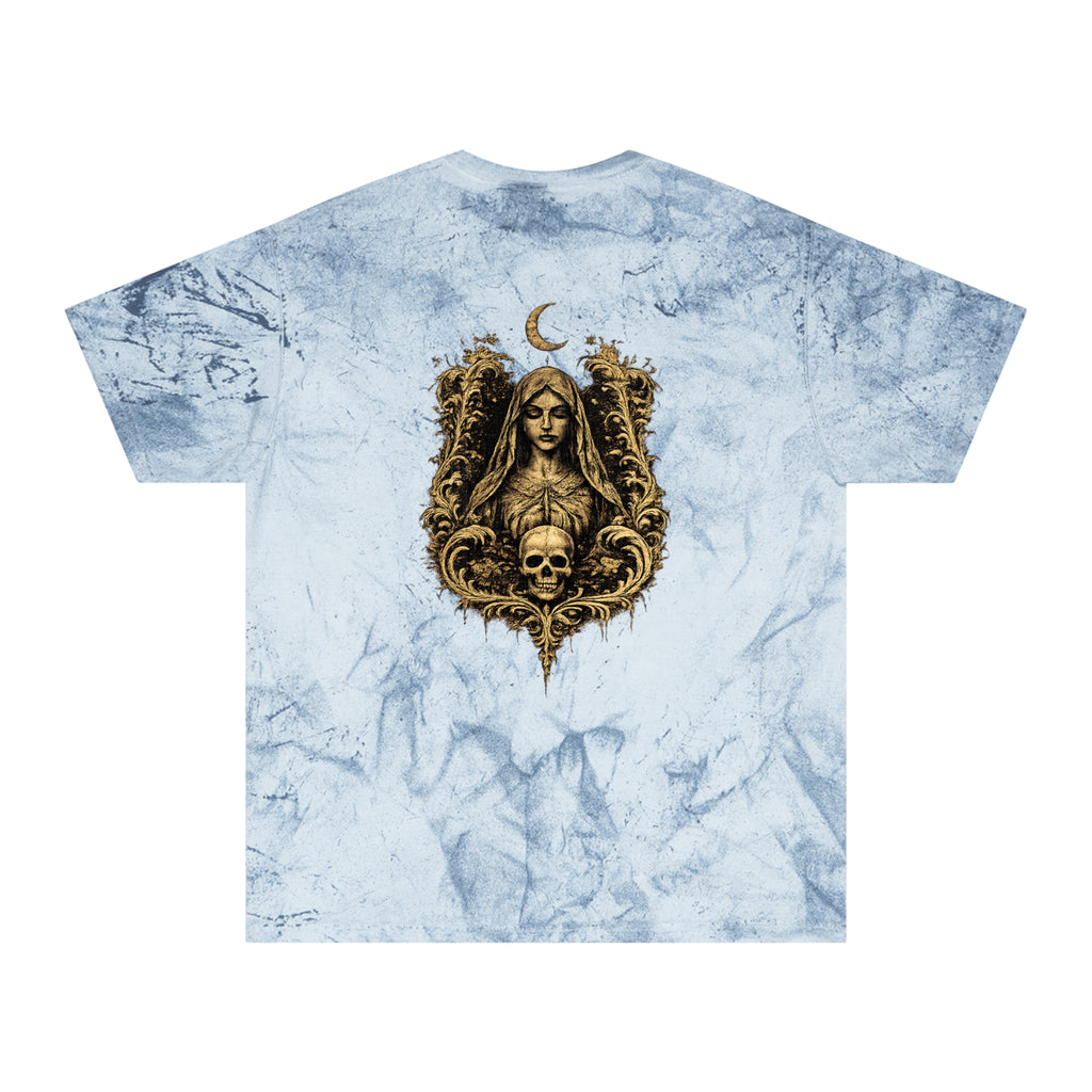 HΞXA NOIR NOCTURNAL —Hallowed Saints Graphic T-Shirt — Vintage Gold Tie-Dye with Gothic Skull & Maiden