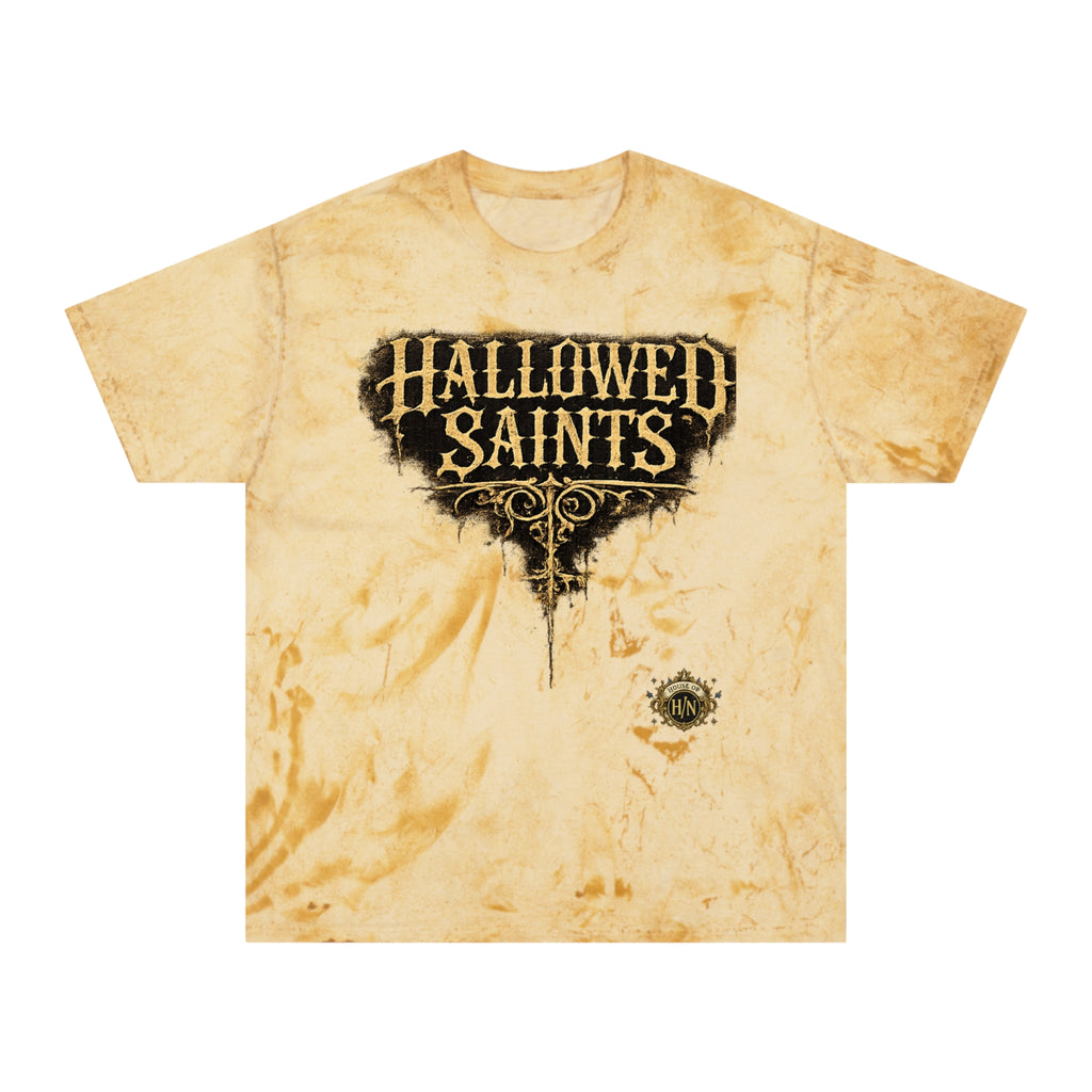 HΞXA NOIR NOCTURNAL —Hallowed Saints Graphic T-Shirt — Vintage Gold Tie-Dye with Gothic Skull & Maiden