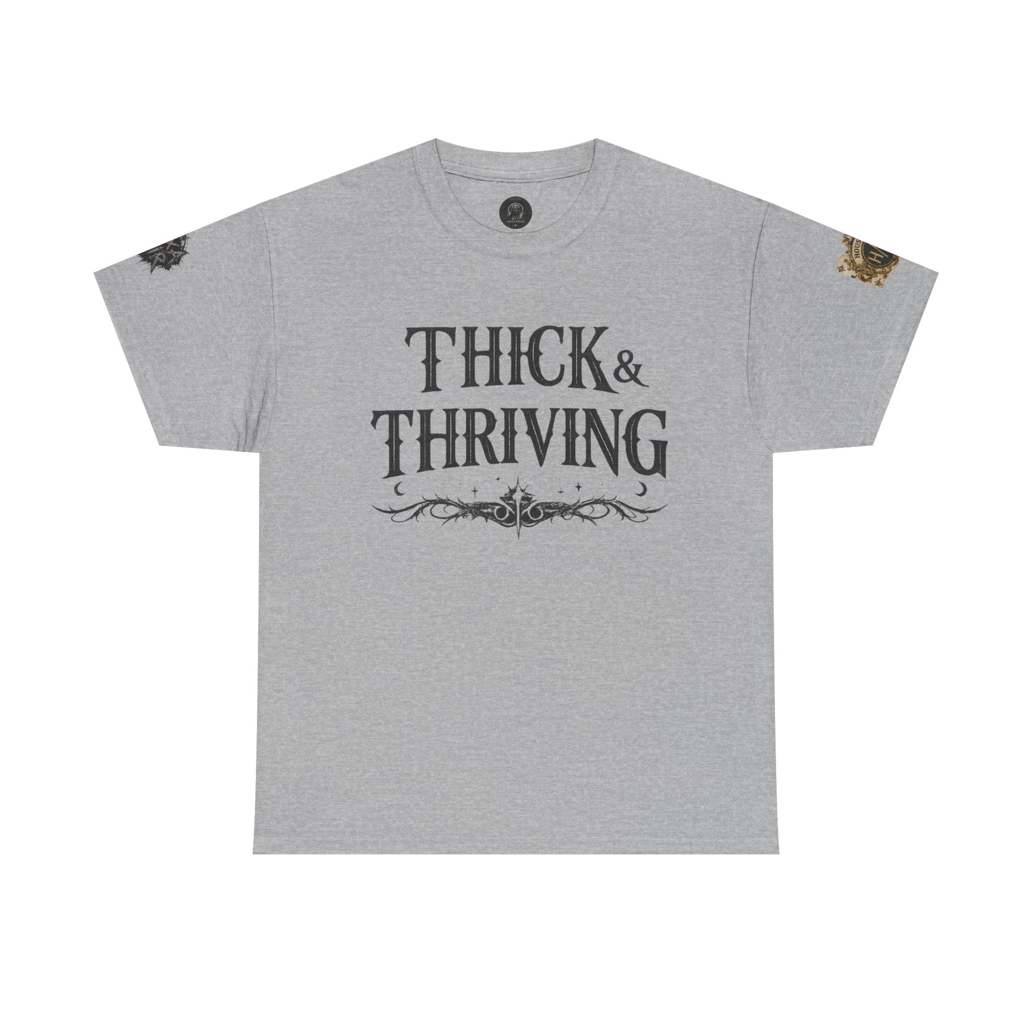 Thick & Thriving Graphic Tee — Bold Gothic Lettering with Distressed X Back