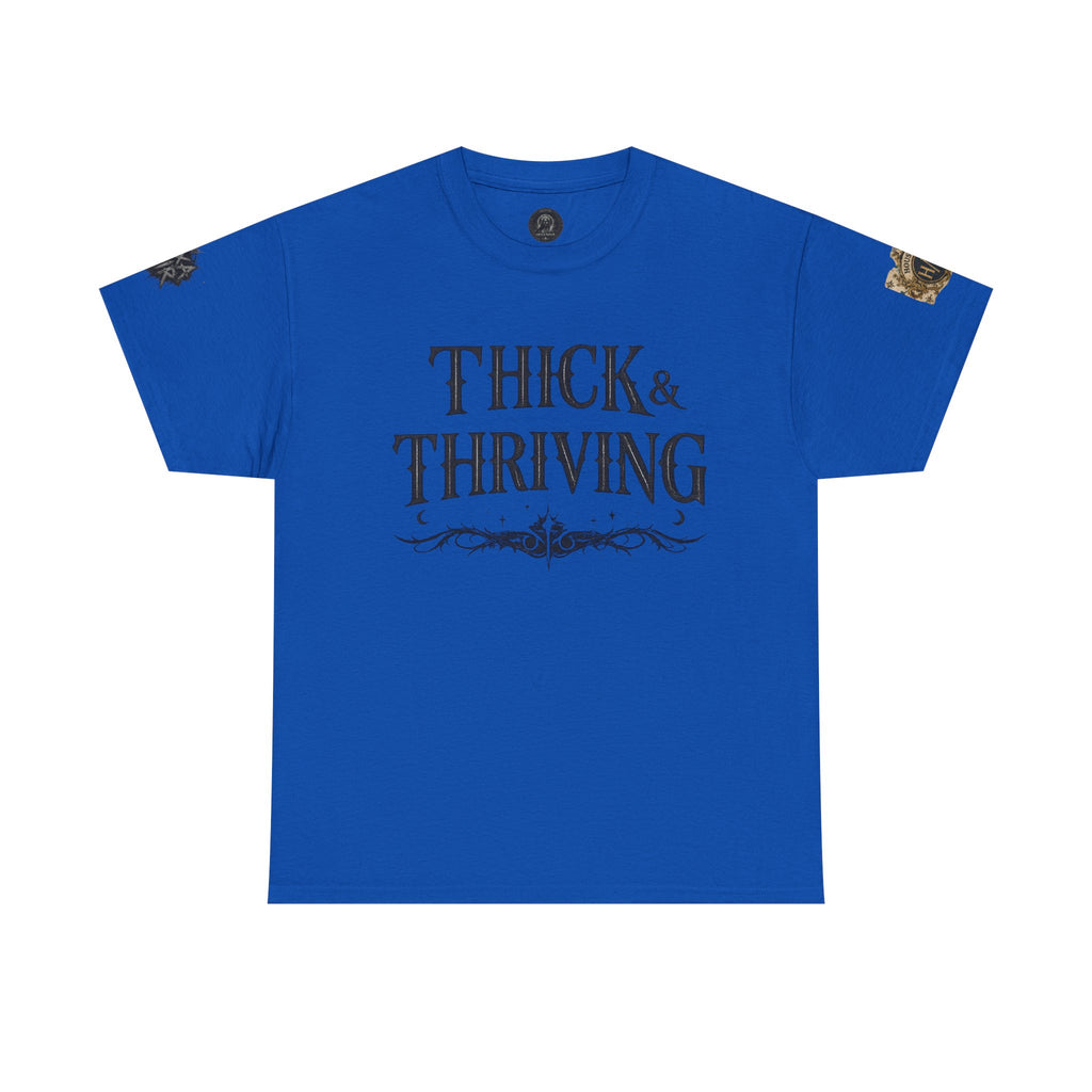 Thick & Thriving Graphic Tee — Bold Gothic Lettering with Distressed X Back