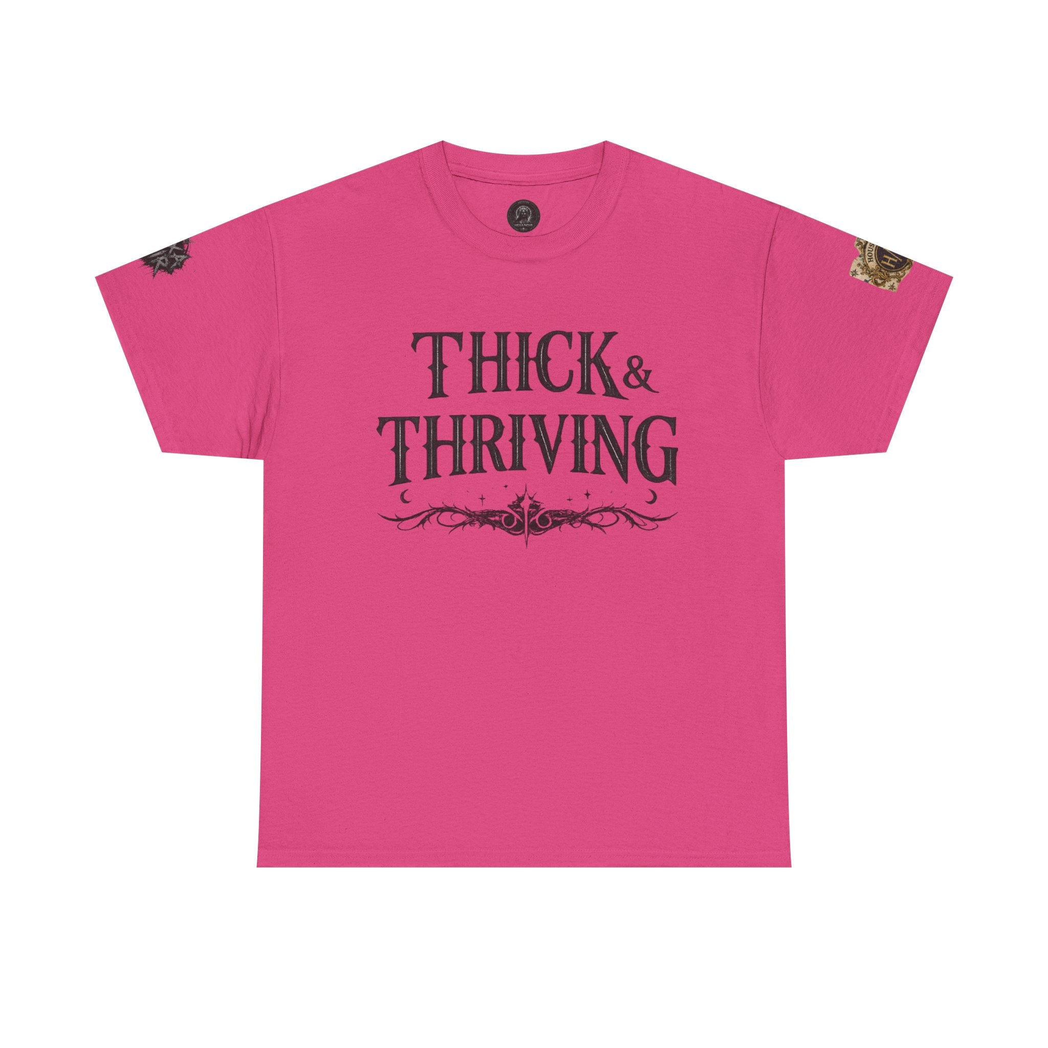 Thick & Thriving Graphic Tee — Bold Gothic Lettering with Distressed X Back