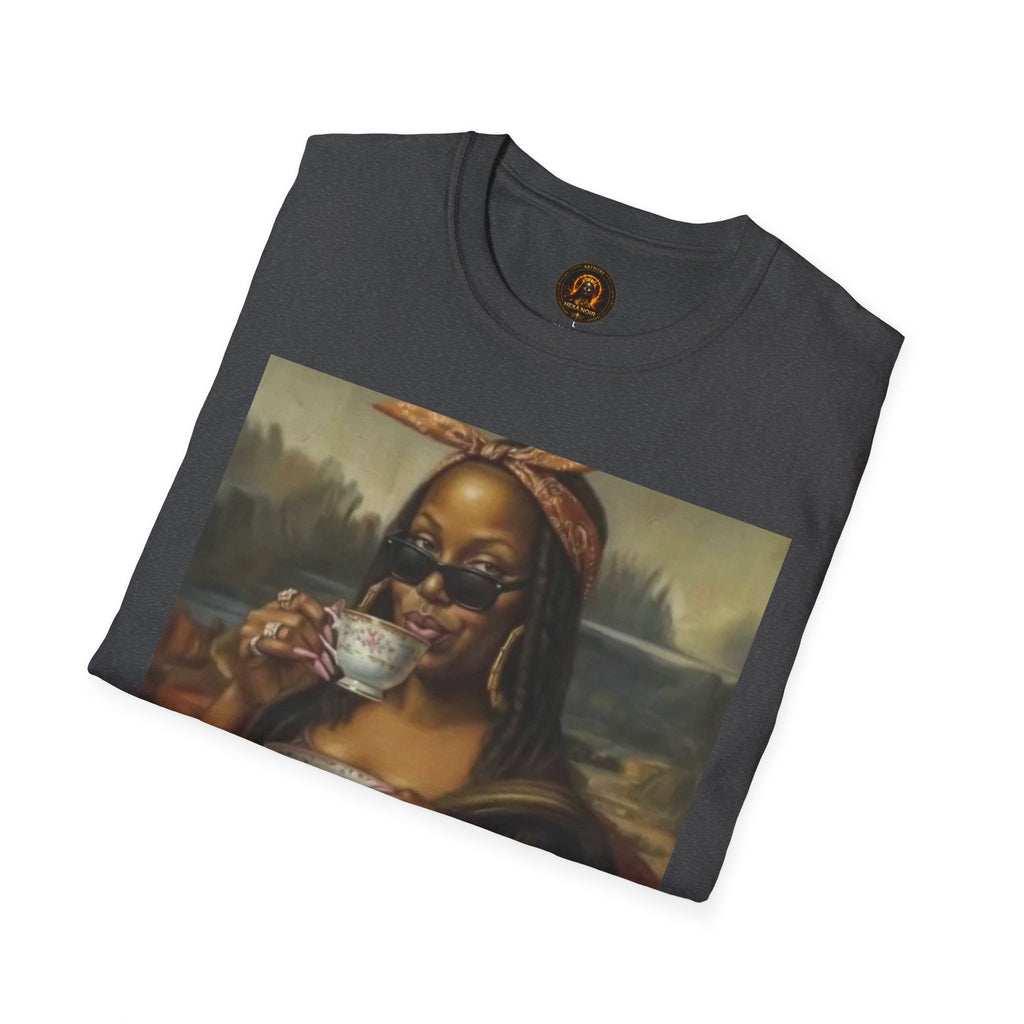 Mona Lisa Sipping Tea Unisex Graphic Tee — Vintage Renaissance Art