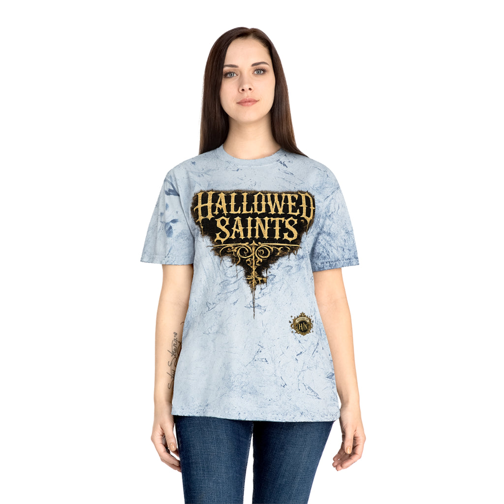 HΞXA NOIR NOCTURNAL —Hallowed Saints Graphic T-Shirt — Vintage Gold Tie-Dye with Gothic Skull & Maiden