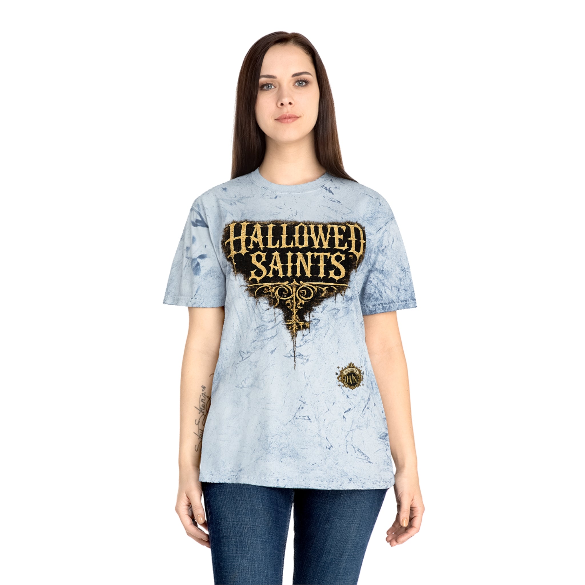HΞXA NOIR NOCTURNAL —Hallowed Saints Graphic T-Shirt — Vintage Gold Tie-Dye with Gothic Skull & Maiden