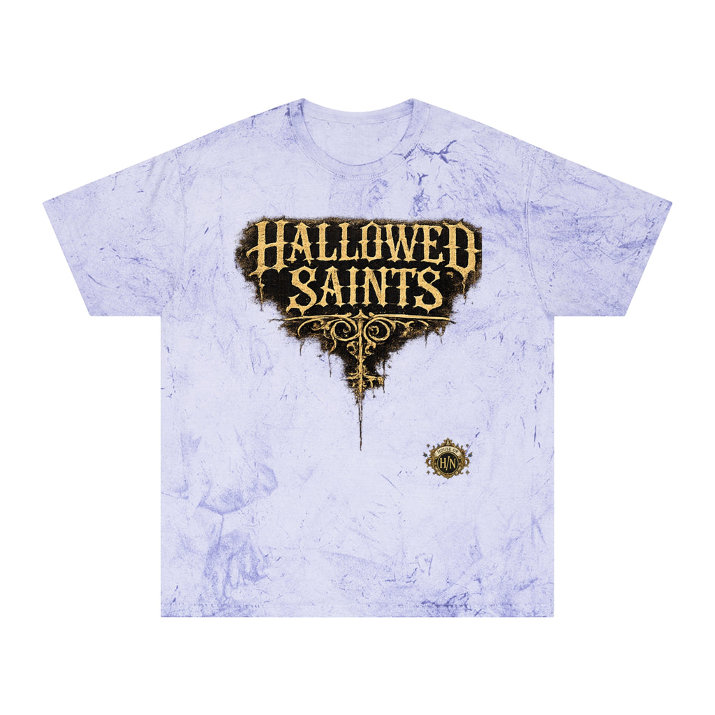 HΞXA NOIR NOCTURNAL —Hallowed Saints Graphic T-Shirt — Vintage Gold Tie-Dye with Gothic Skull & Maiden