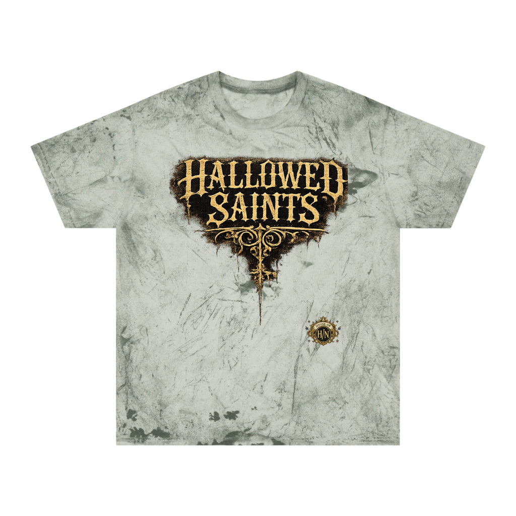 HΞXA NOIR NOCTURNAL —Hallowed Saints Graphic T-Shirt — Vintage Gold Tie-Dye with Gothic Skull & Maiden