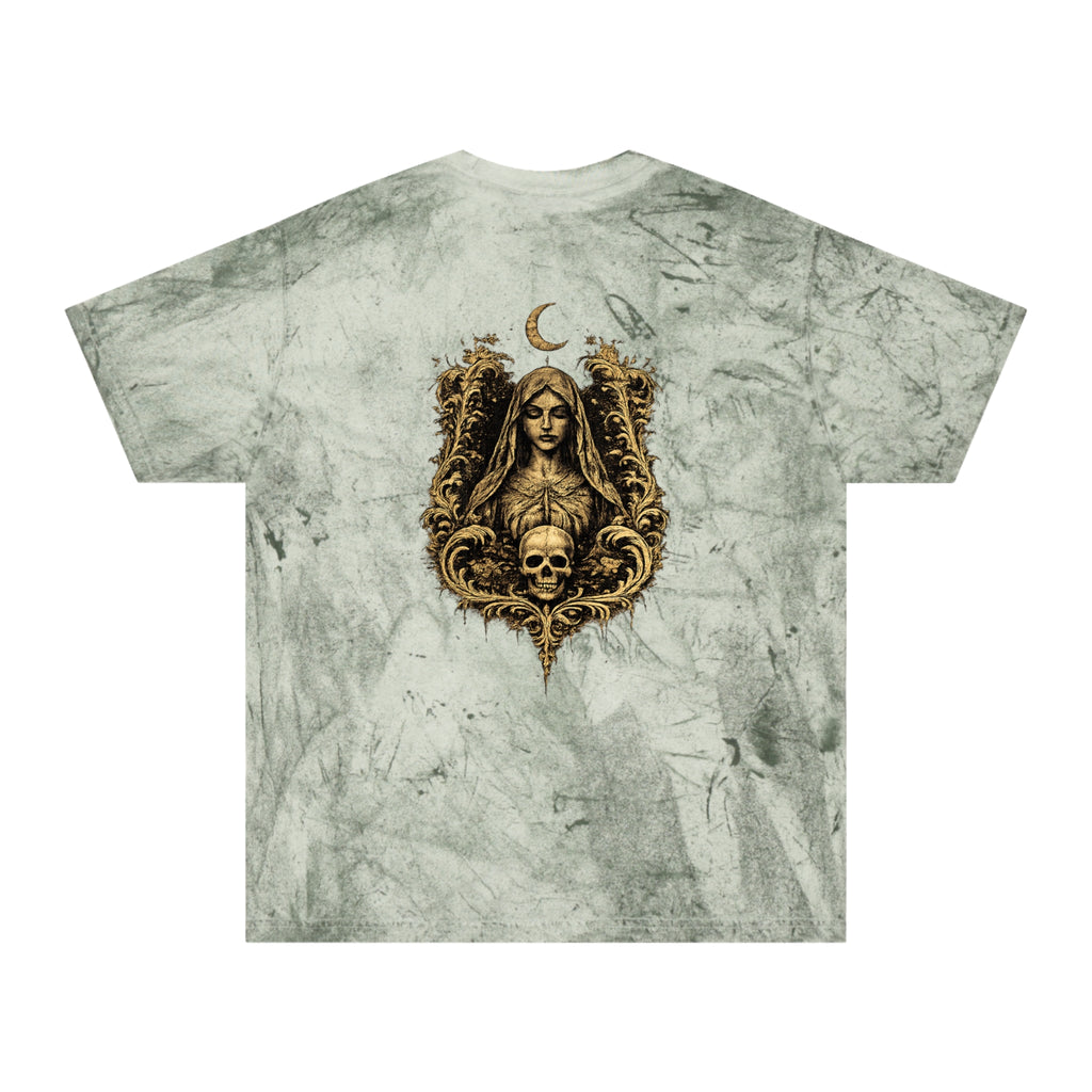 HΞXA NOIR NOCTURNAL —Hallowed Saints Graphic T-Shirt — Vintage Gold Tie-Dye with Gothic Skull & Maiden