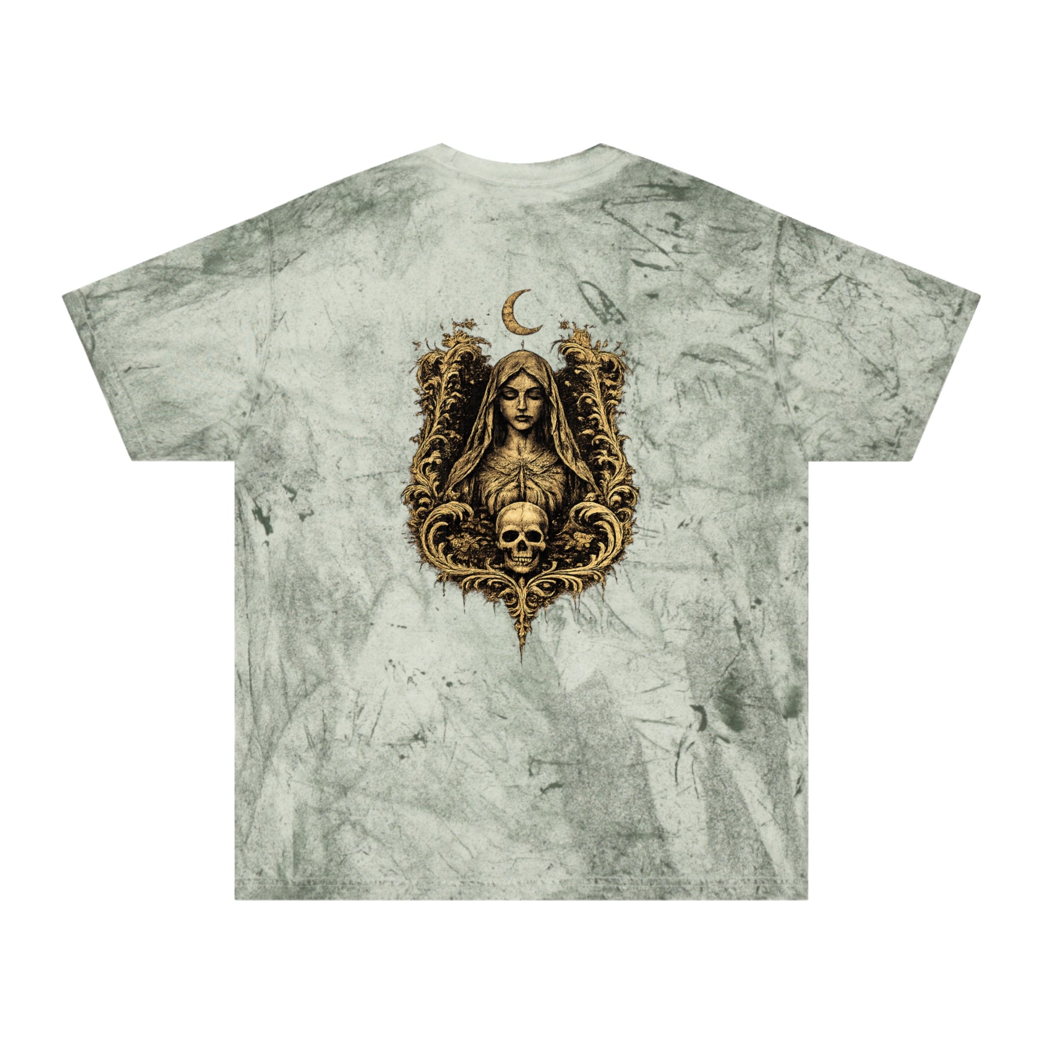 HΞXA NOIR NOCTURNAL —Hallowed Saints Graphic T-Shirt — Vintage Gold Tie-Dye with Gothic Skull & Maiden