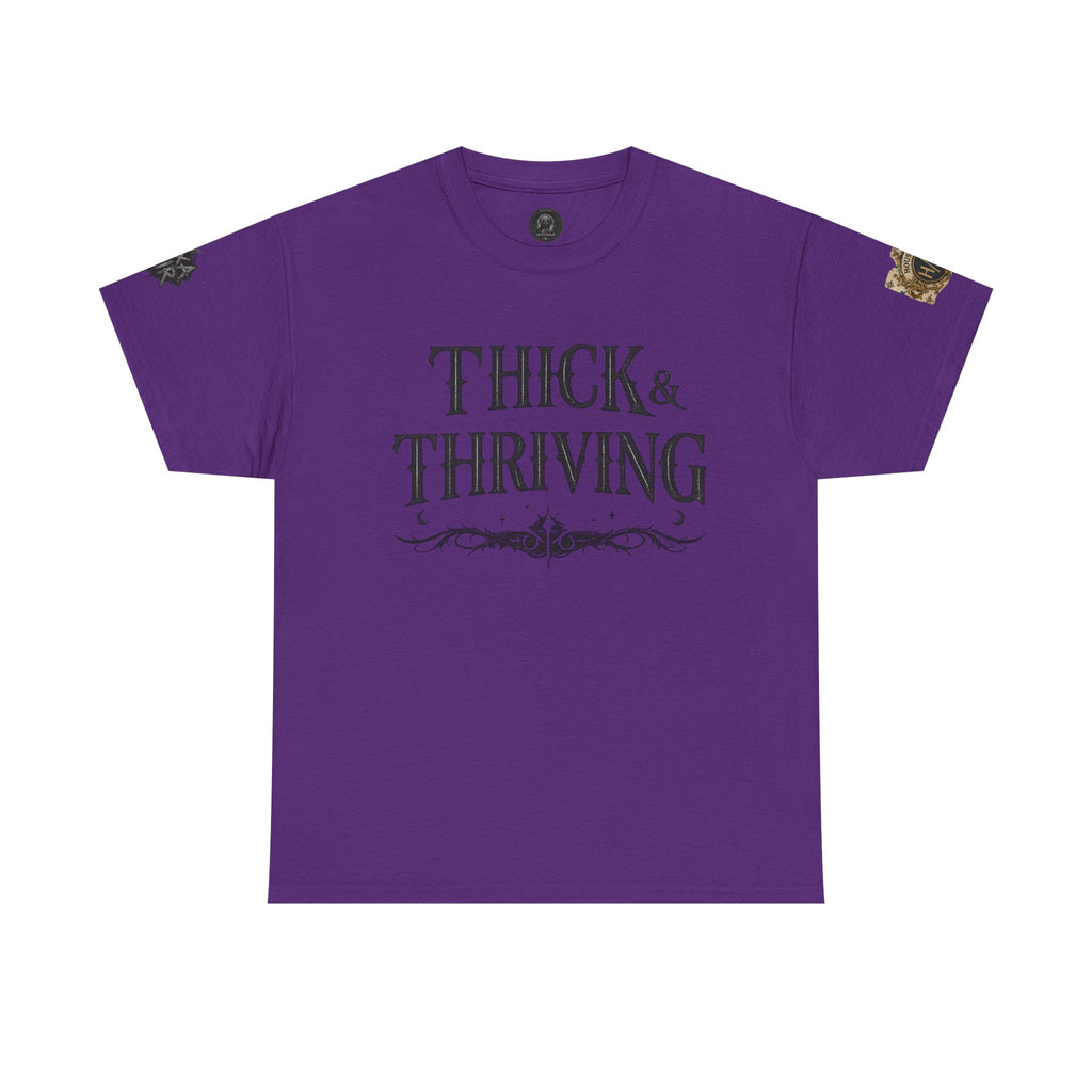 Thick & Thriving Graphic Tee — Bold Gothic Lettering with Distressed X Back