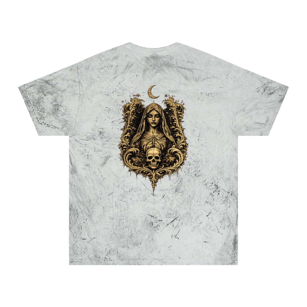 HΞXA NOIR NOCTURNAL —Hallowed Saints Graphic T-Shirt — Vintage Gold Tie-Dye with Gothic Skull & Maiden