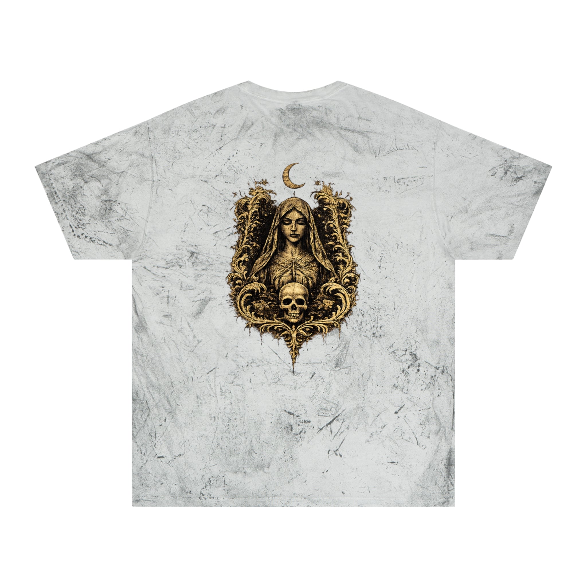 HΞXA NOIR NOCTURNAL —Hallowed Saints Graphic T-Shirt — Vintage Gold Tie-Dye with Gothic Skull & Maiden