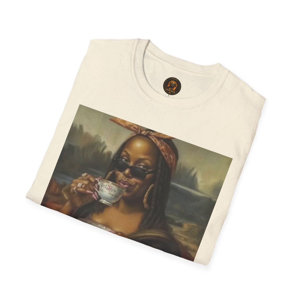 Mona Lisa Sipping Tea Unisex Graphic Tee — Vintage Renaissance Art