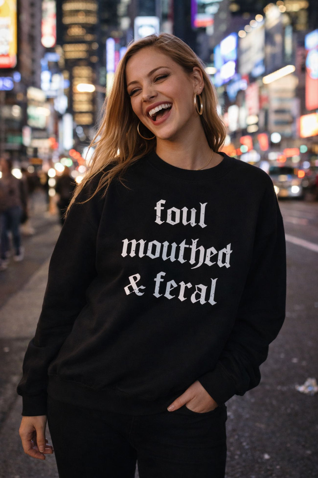 Foul-Mouthed & Feral Crewneck Sweatshirt — Gothic Script Graphic Sweatshirt
