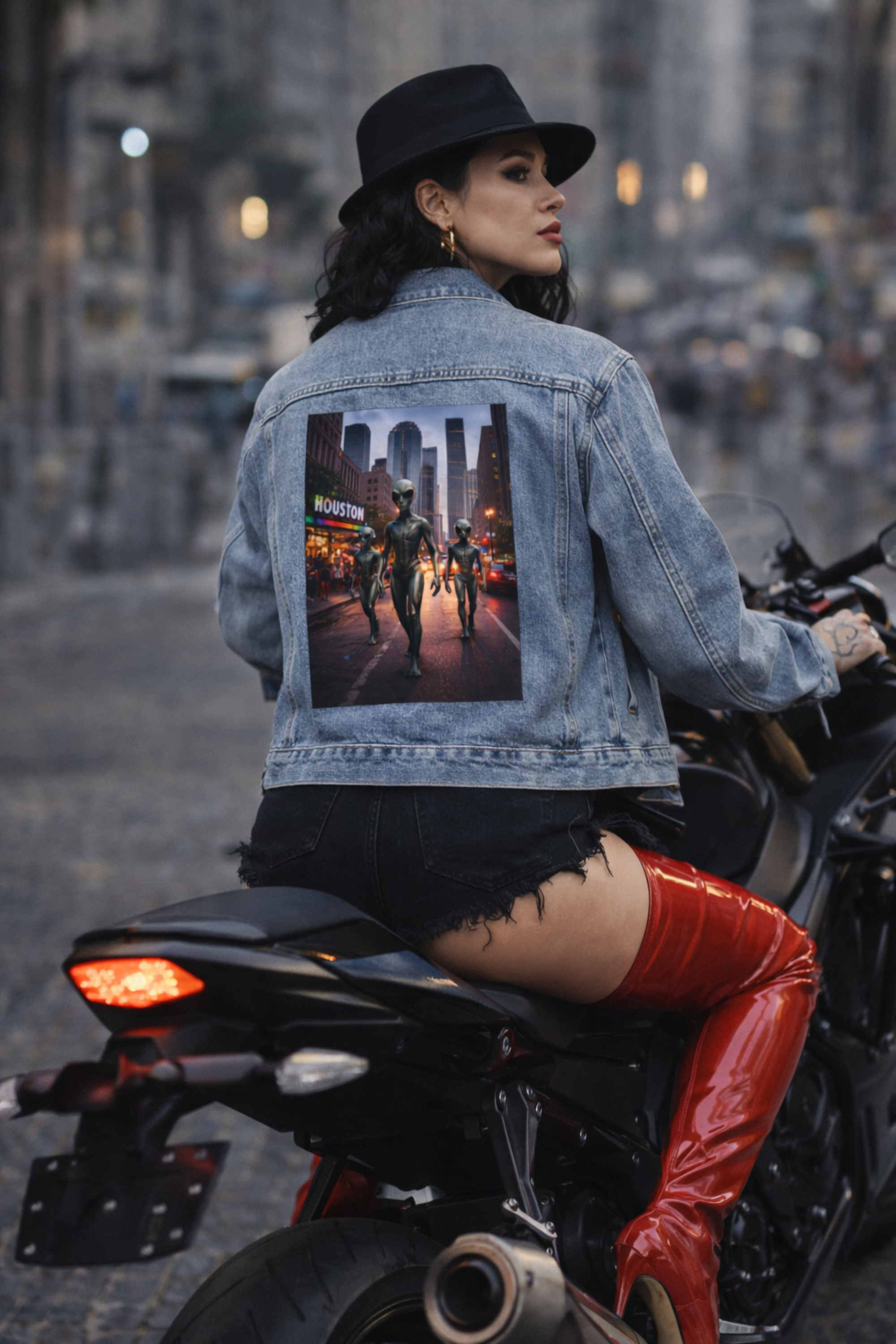 Denim Jacket – Neon City Night Photo Print Back Panel