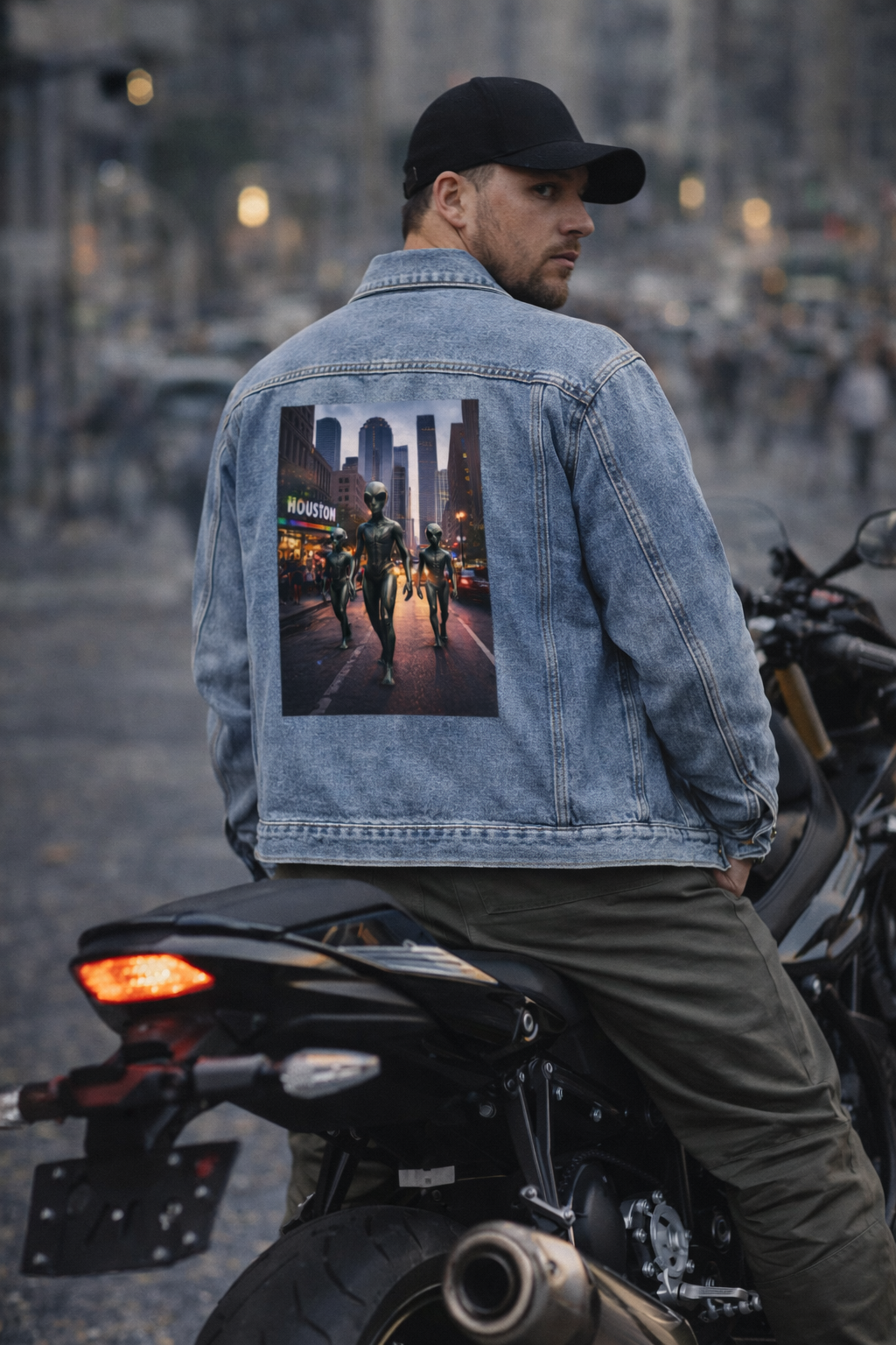 Denim Jacket – Neon City Night Photo Print Back Panel
