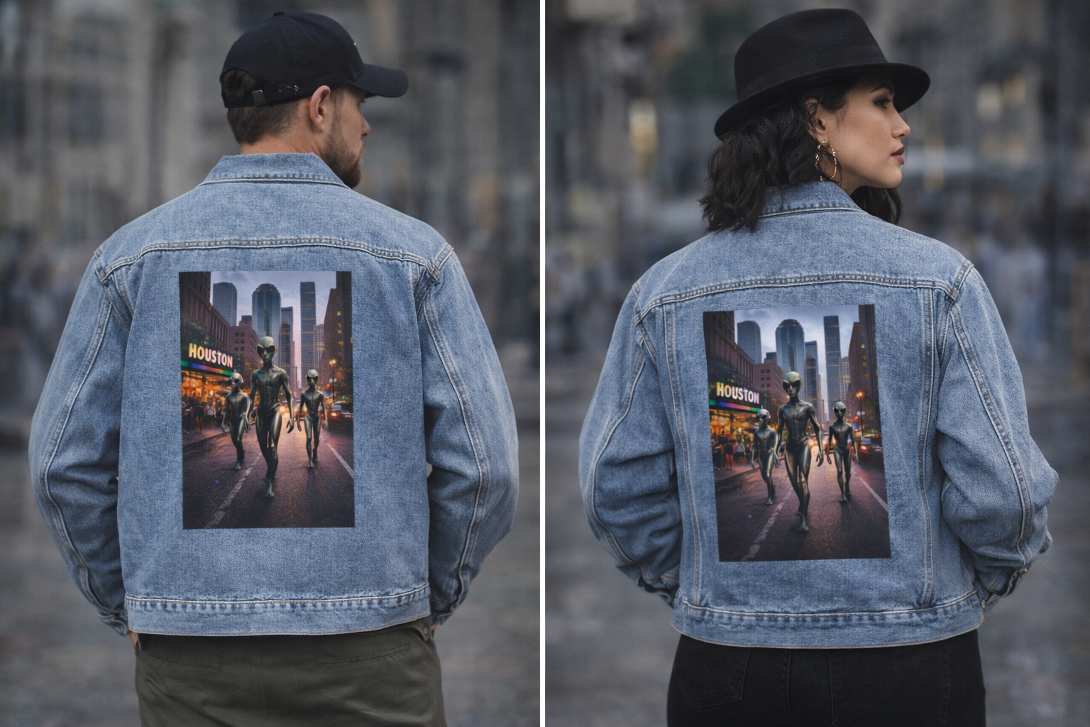 Denim Jacket – Neon City Night Photo Print Back Panel