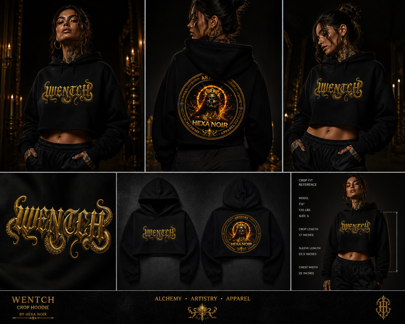 Hexa Noir Crop Hoodie — Gold Sigil Graphic Crop Hoodie
