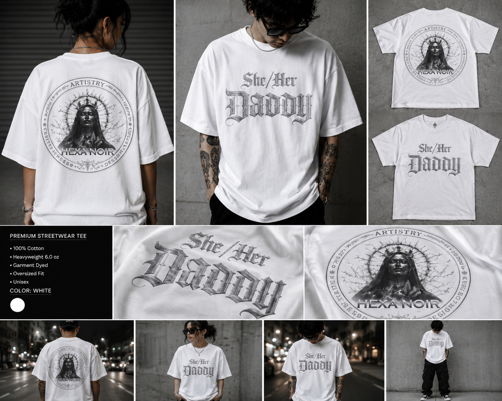 She/Her Daddy Gothic T-Shirt — Hexa Noir Back Logo