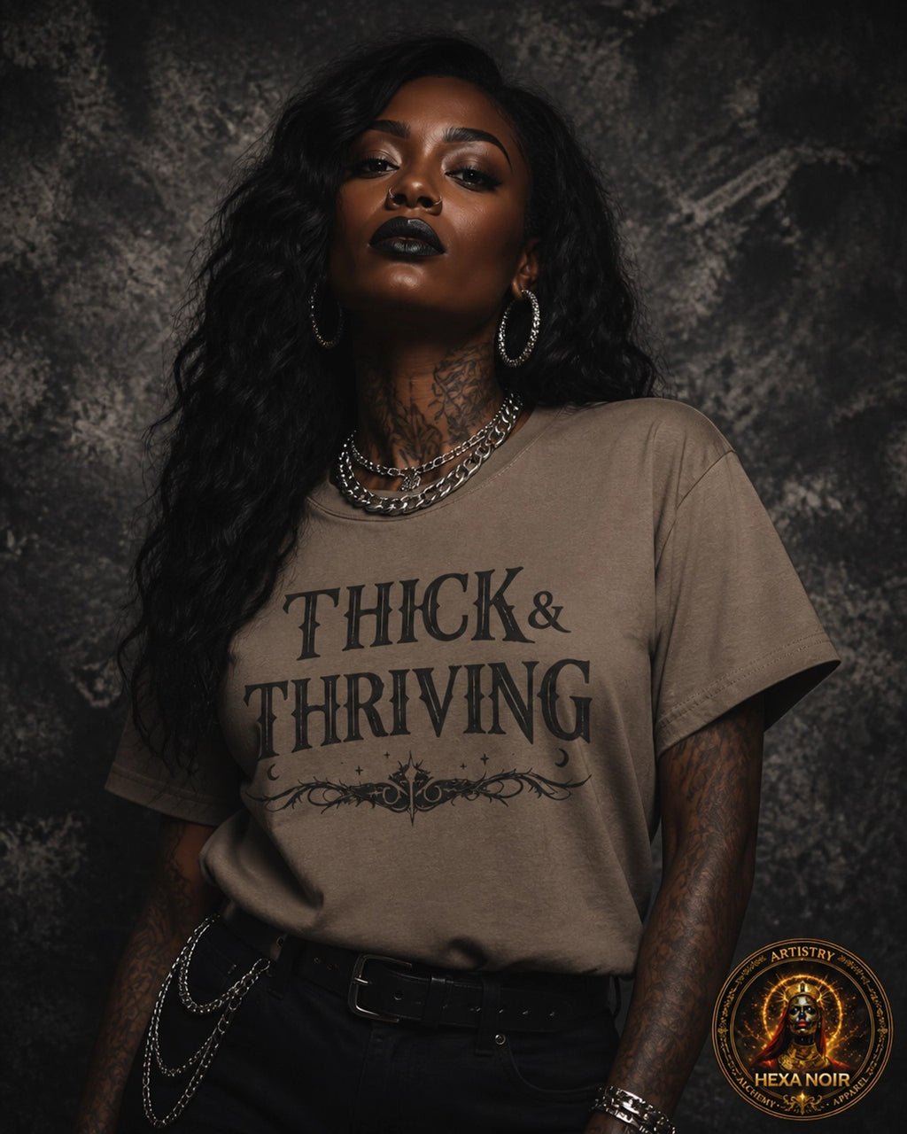 Thick & Thriving Graphic Tee — Bold Gothic Lettering with Distressed X Back